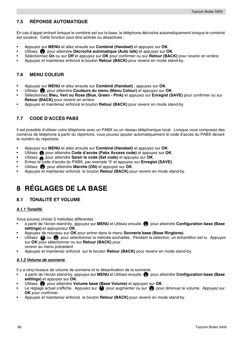 8 réglages de la base | Topcom BUTLER 5400 User Manual | Page 56 / 112