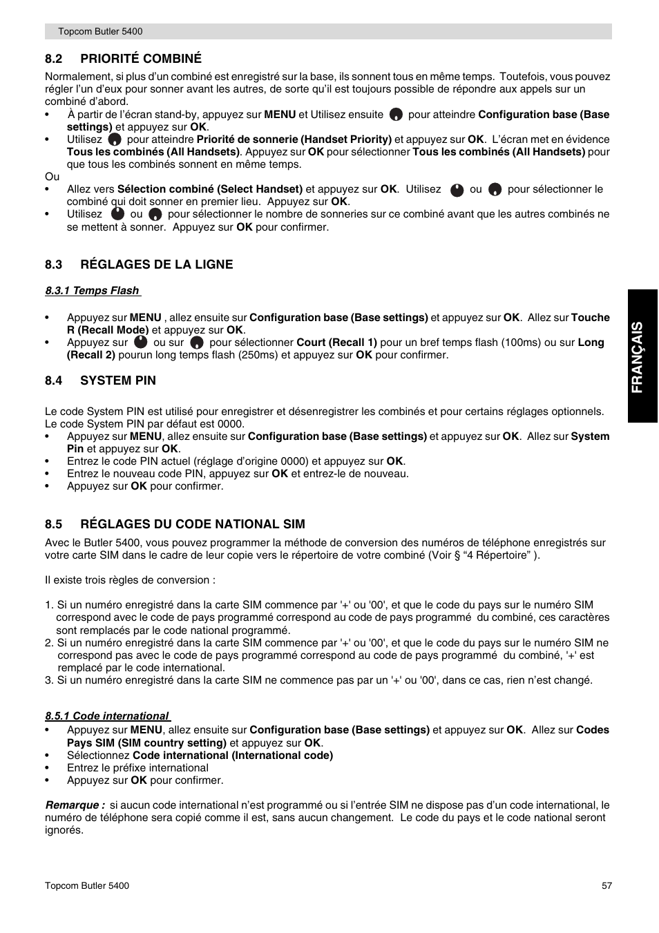 Fr an ça is | Topcom BUTLER 5400 User Manual | Page 57 / 112