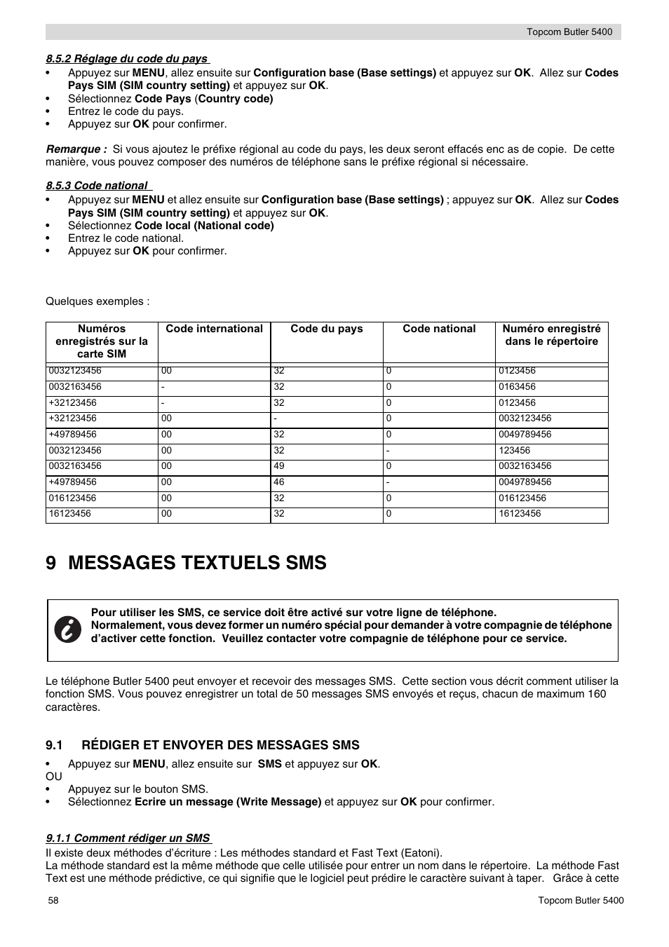 9 messages textuels sms, 1 rédiger et envoyer des messages sms | Topcom BUTLER 5400 User Manual | Page 58 / 112