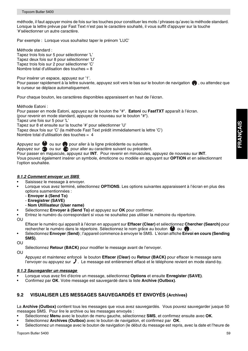 Fr an ça is | Topcom BUTLER 5400 User Manual | Page 59 / 112
