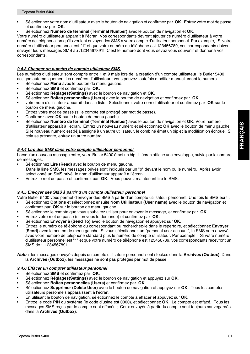Fr an ça is | Topcom BUTLER 5400 User Manual | Page 61 / 112