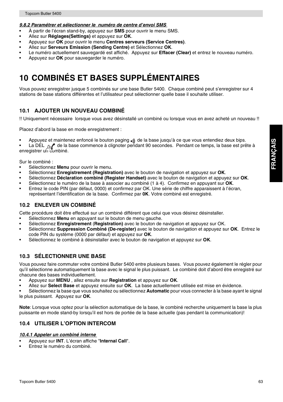 10 combinés et bases supplémentaires, Fr an ça is | Topcom BUTLER 5400 User Manual | Page 63 / 112