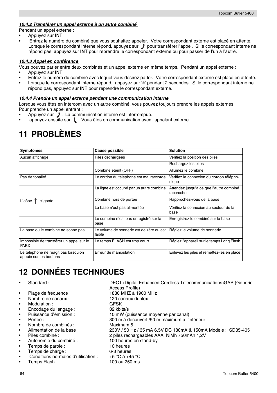 11 problèmes 12 données techniques | Topcom BUTLER 5400 User Manual | Page 64 / 112