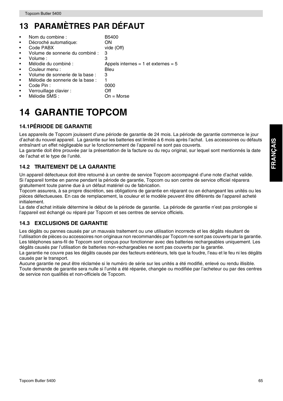 14 garantie topcom, 13 paramètres par défaut, Fr an ça is | Topcom BUTLER 5400 User Manual | Page 65 / 112