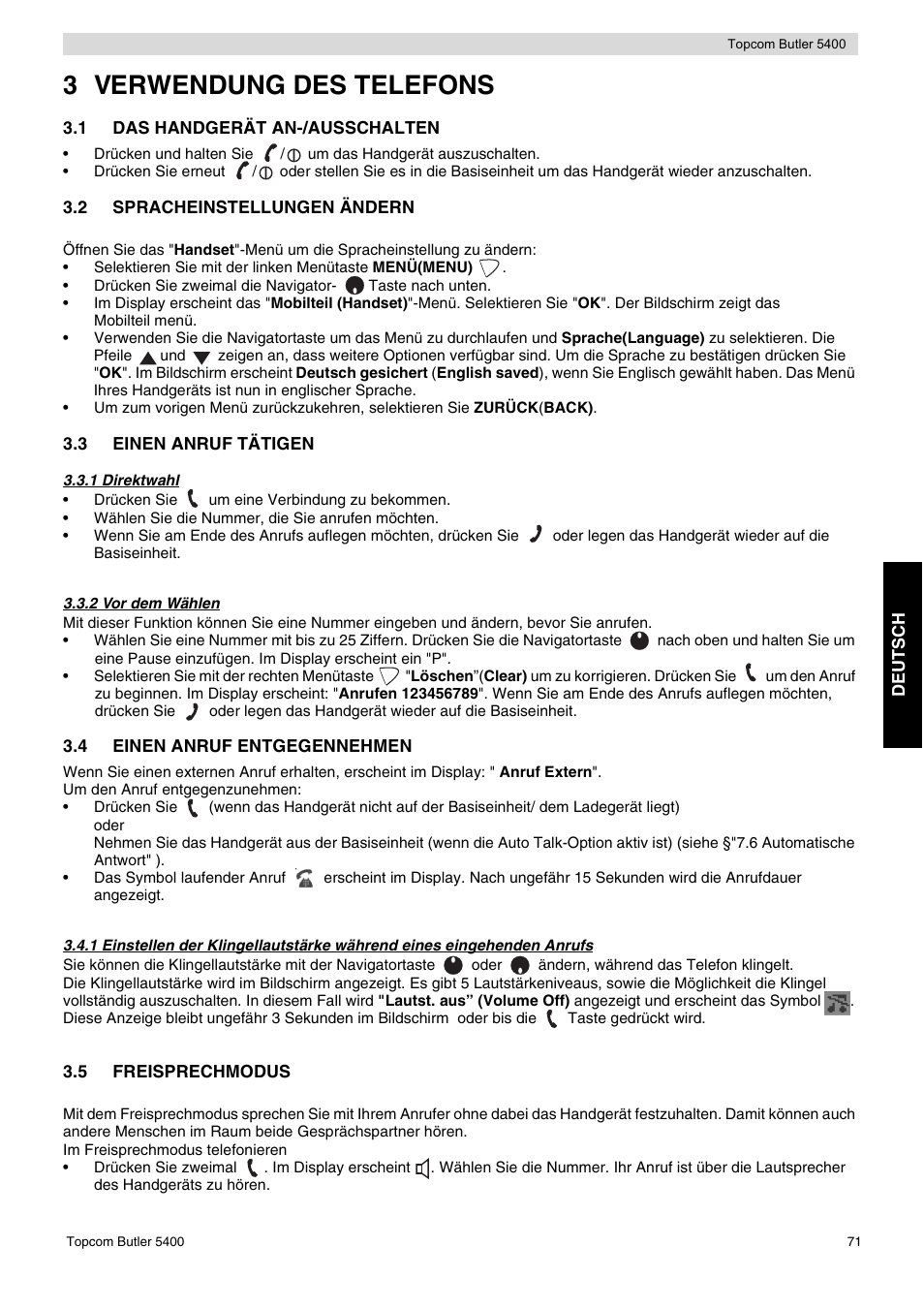 3 verwendung des telefons | Topcom BUTLER 5400 User Manual | Page 71 / 112
