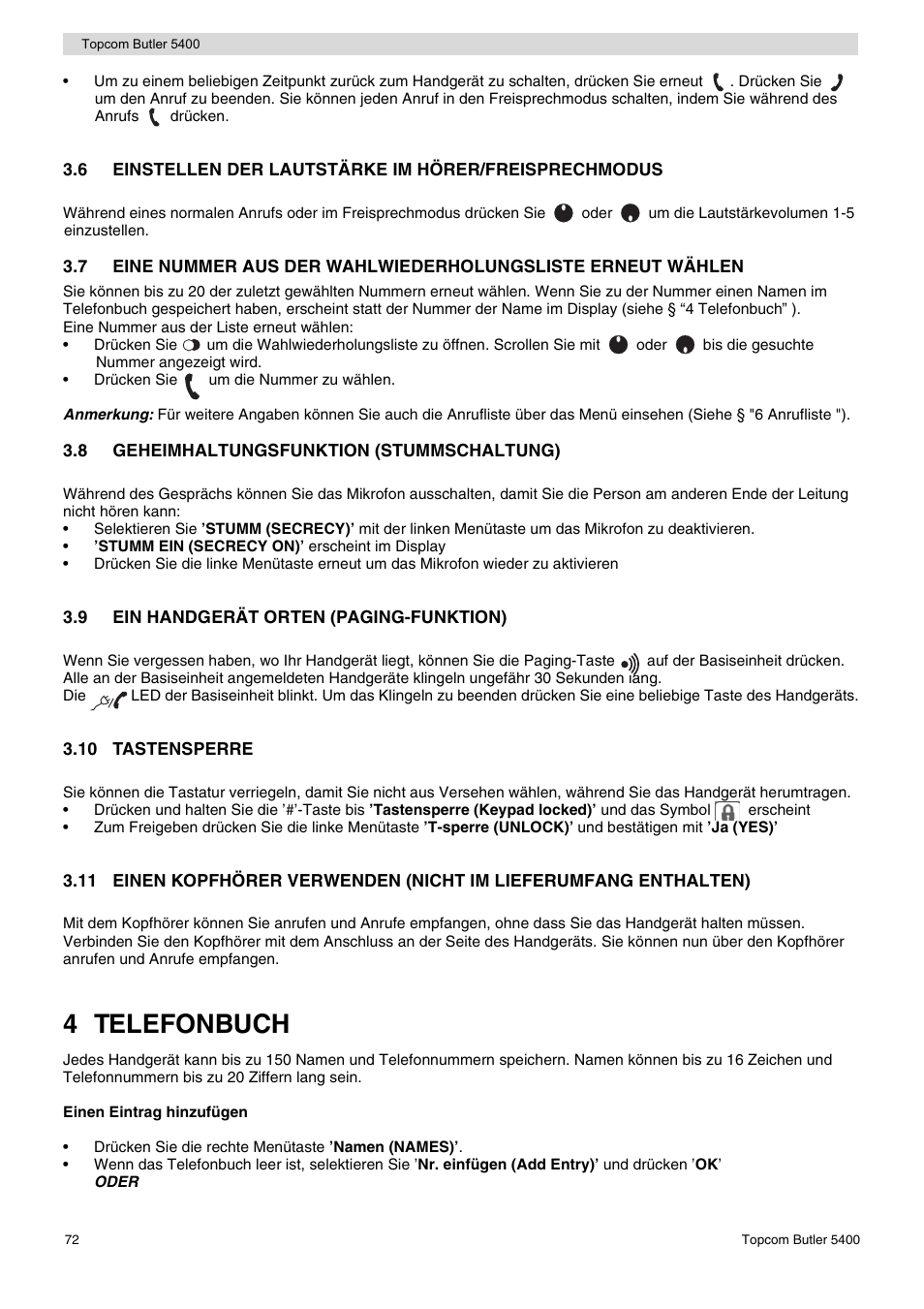 4 telefonbuch | Topcom BUTLER 5400 User Manual | Page 72 / 112