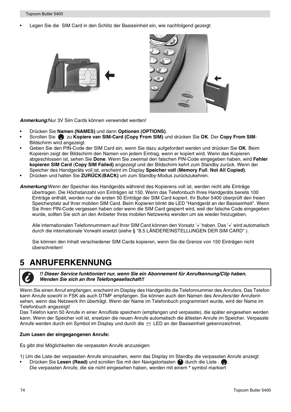 5 anruferkennung | Topcom BUTLER 5400 User Manual | Page 74 / 112
