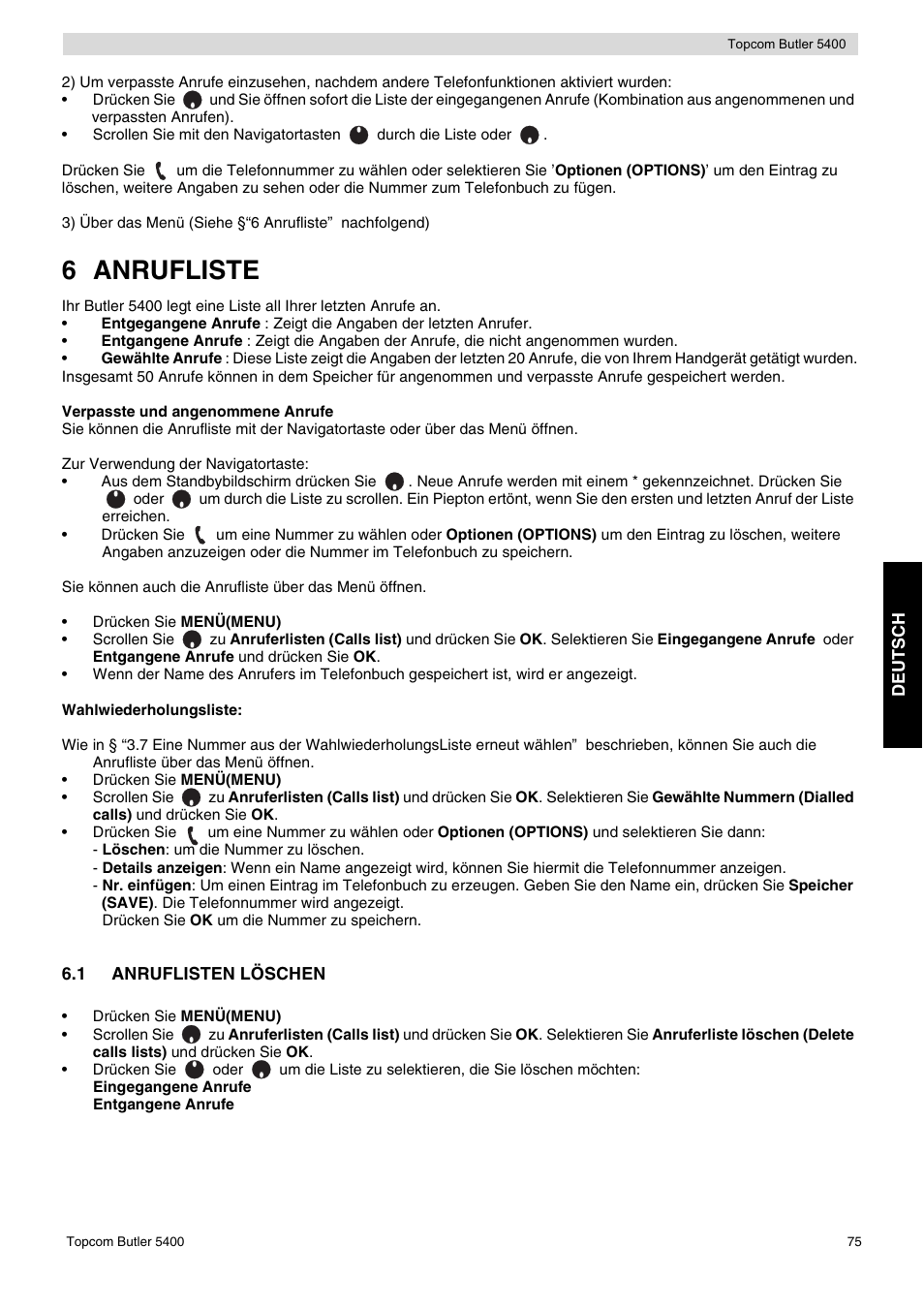 6 anrufliste | Topcom BUTLER 5400 User Manual | Page 75 / 112