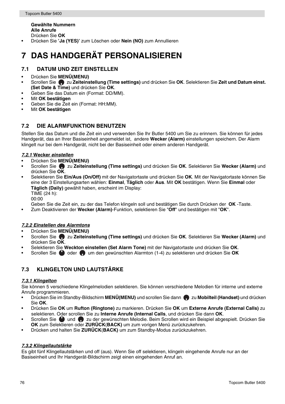 7 das handgerät personalisieren | Topcom BUTLER 5400 User Manual | Page 76 / 112