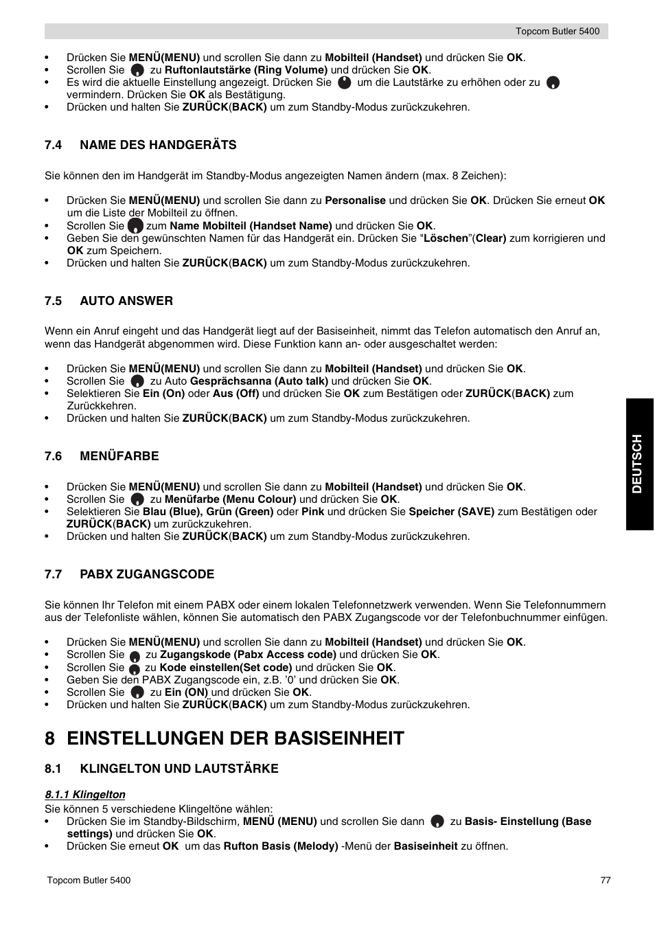 8 einstellungen der basiseinheit | Topcom BUTLER 5400 User Manual | Page 77 / 112