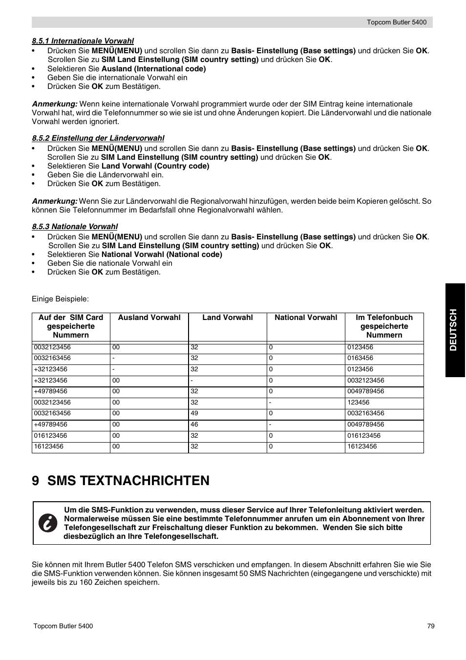 9 sms textnachrichten, De u t sc h | Topcom BUTLER 5400 User Manual | Page 79 / 112