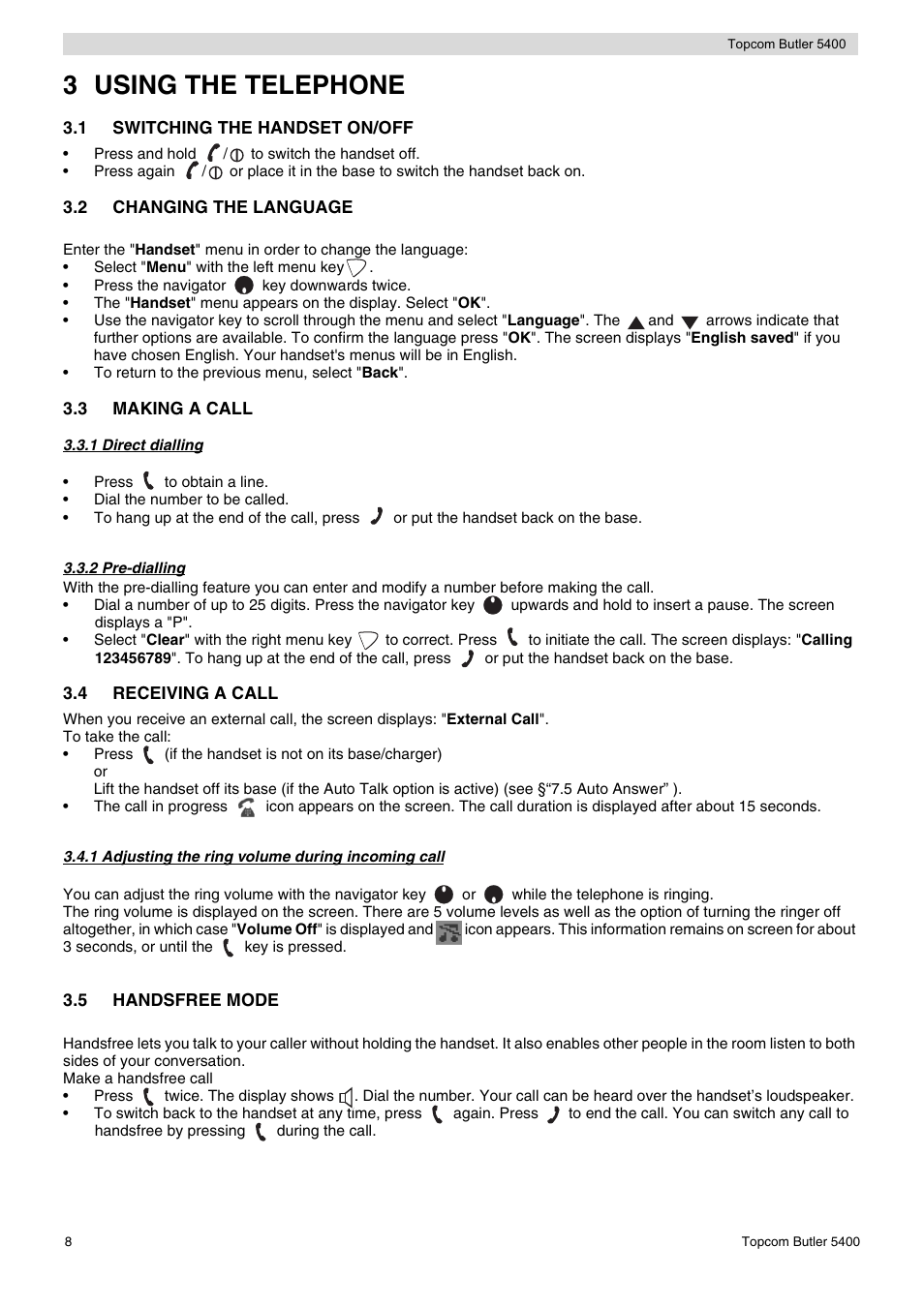 3 using the telephone | Topcom BUTLER 5400 User Manual | Page 8 / 112