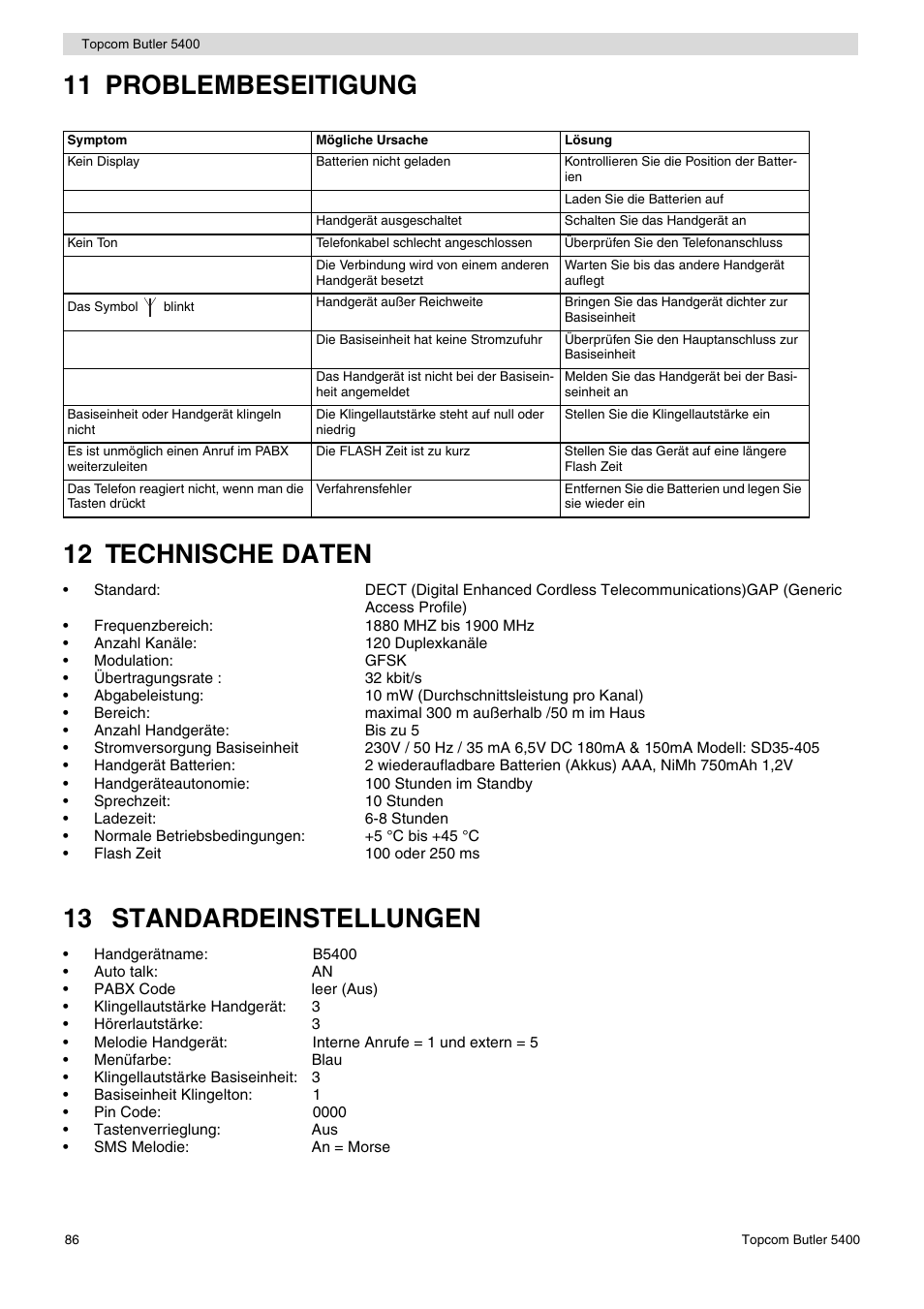 11 problembeseitigung 12 technische daten, 13 standardeinstellungen | Topcom BUTLER 5400 User Manual | Page 86 / 112