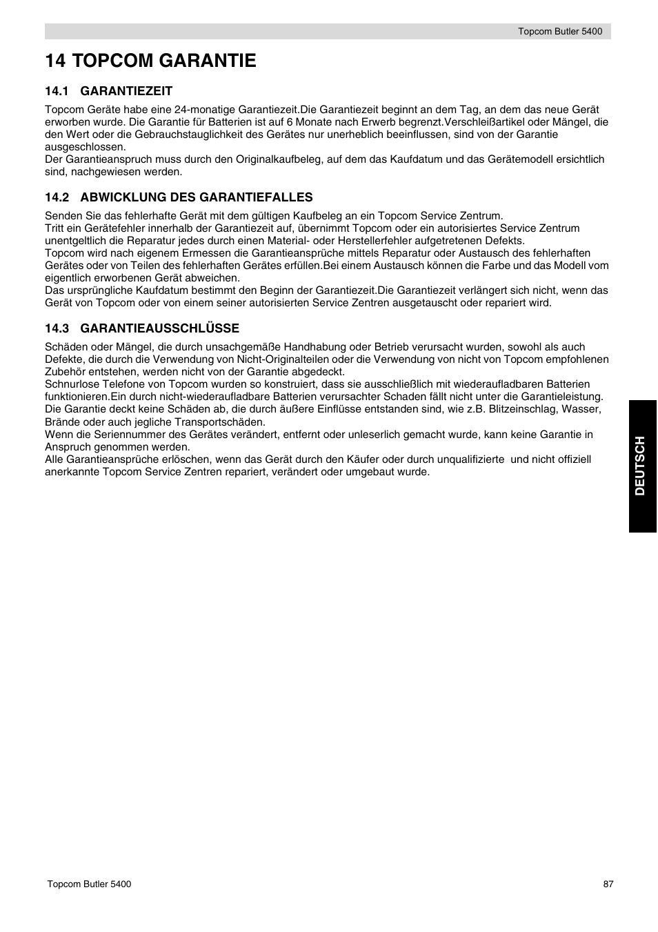 14 topcom garantie | Topcom BUTLER 5400 User Manual | Page 87 / 112