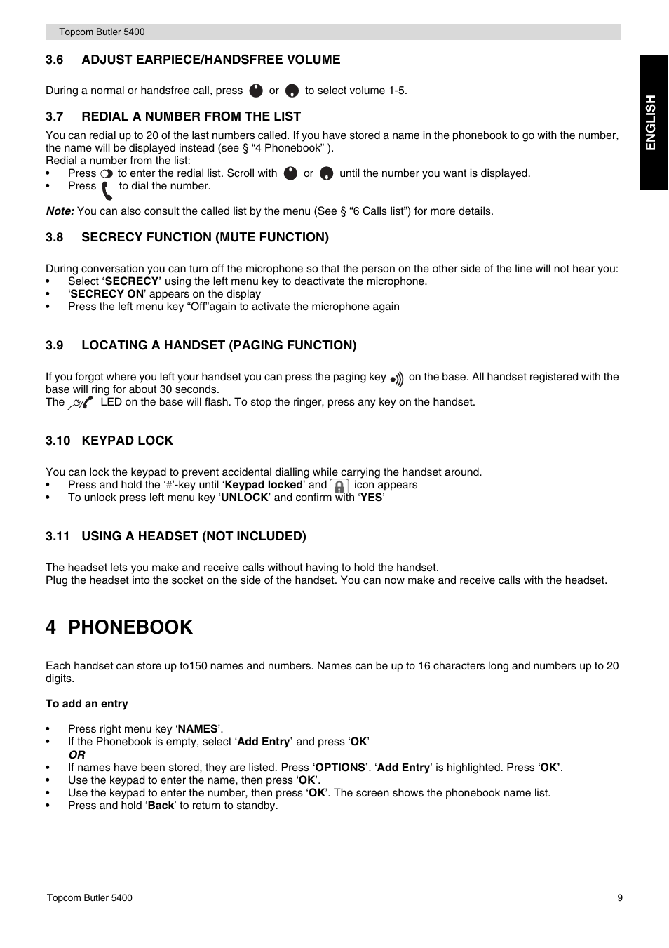 4 phonebook | Topcom BUTLER 5400 User Manual | Page 9 / 112