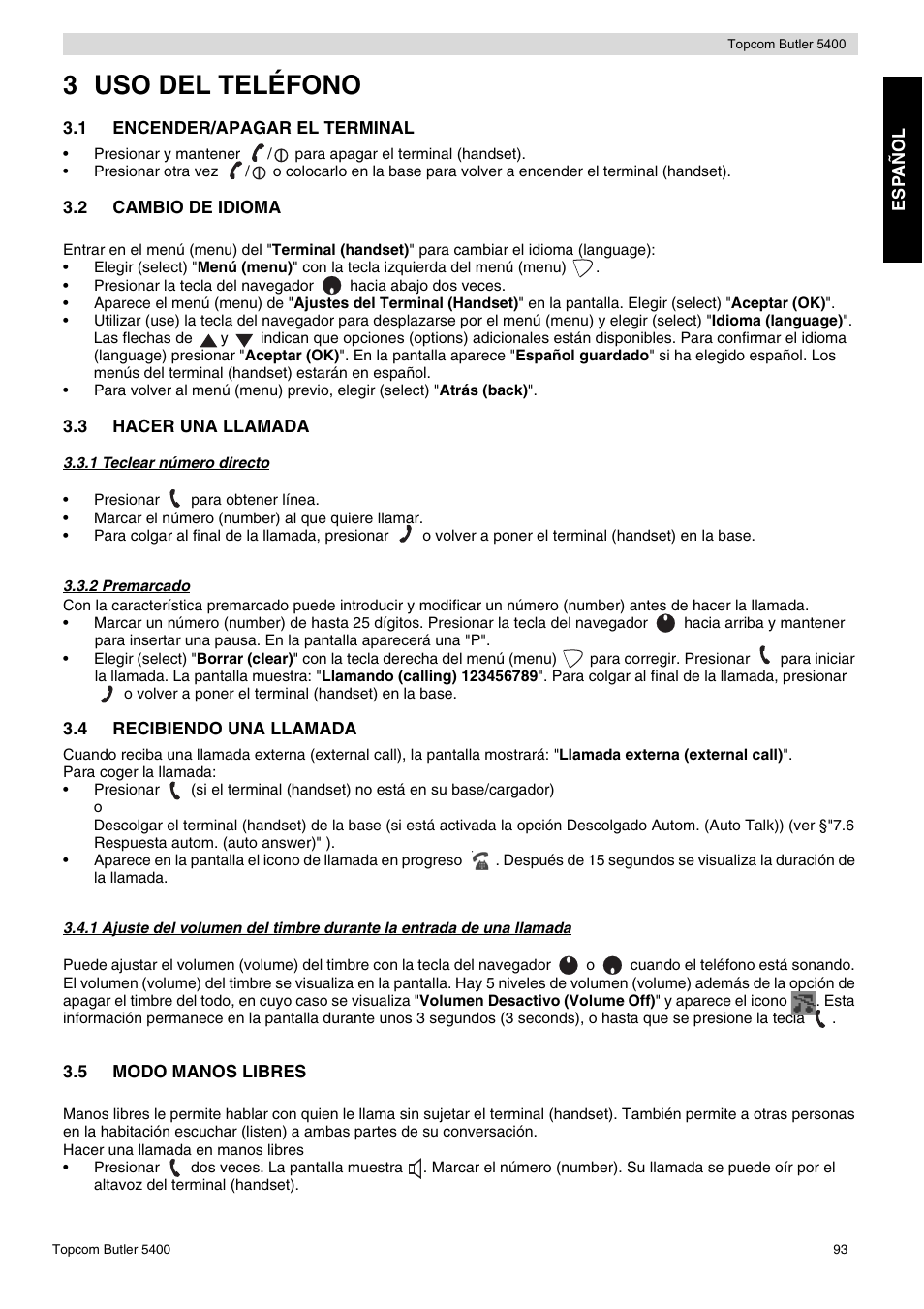 3 uso del teléfono | Topcom BUTLER 5400 User Manual | Page 93 / 112