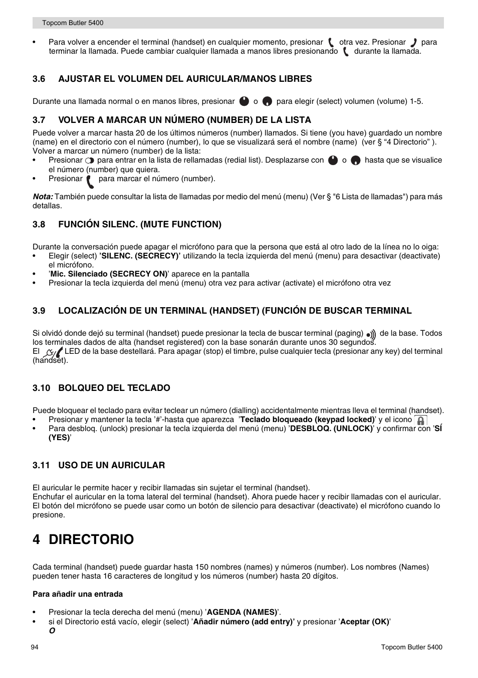 4 directorio | Topcom BUTLER 5400 User Manual | Page 94 / 112