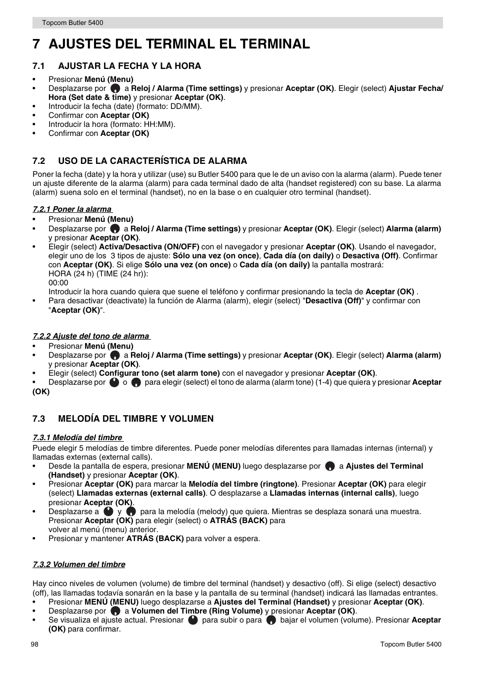 7 ajustes del terminal el terminal | Topcom BUTLER 5400 User Manual | Page 98 / 112