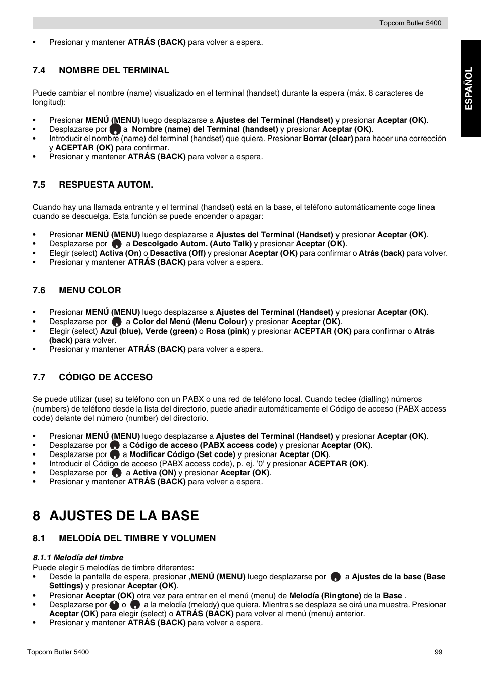 8 ajustes de la base | Topcom BUTLER 5400 User Manual | Page 99 / 112