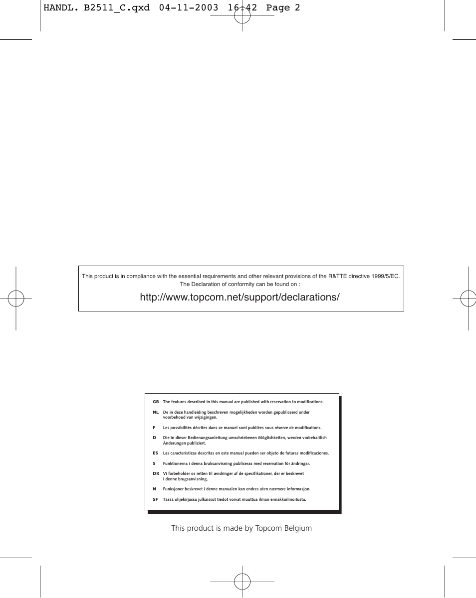 This product is made by topcom belgium | Topcom 2511C User Manual | Page 2 / 88