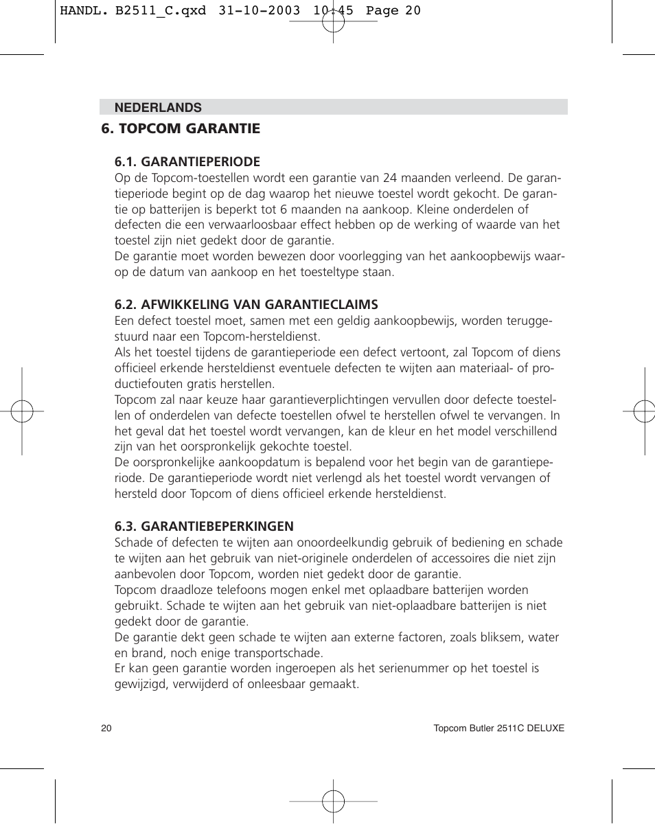 Topcom 2511C User Manual | Page 20 / 88