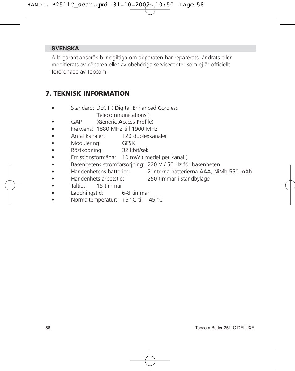 Topcom 2511C User Manual | Page 58 / 88