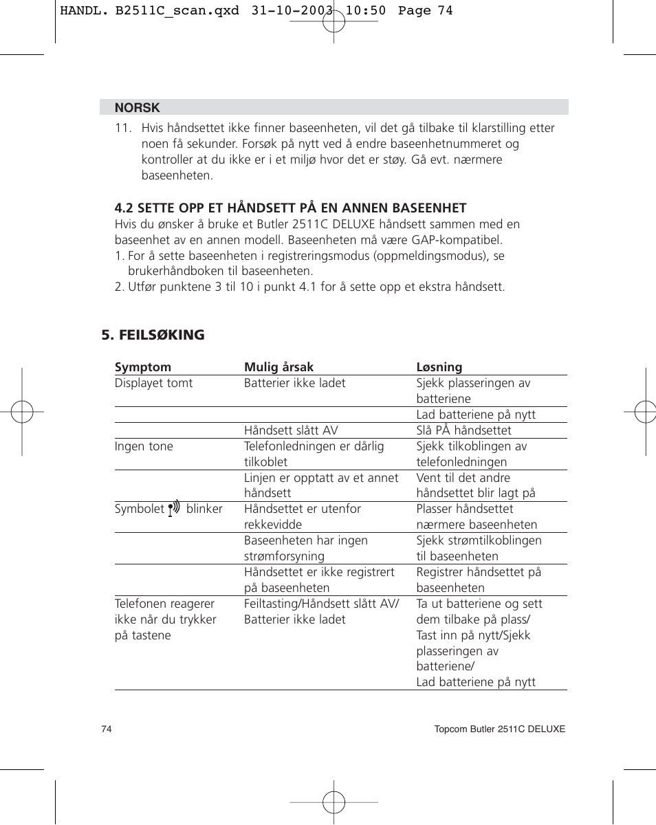 Topcom 2511C User Manual | Page 74 / 88