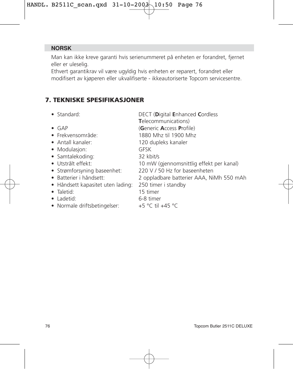 Topcom 2511C User Manual | Page 76 / 88