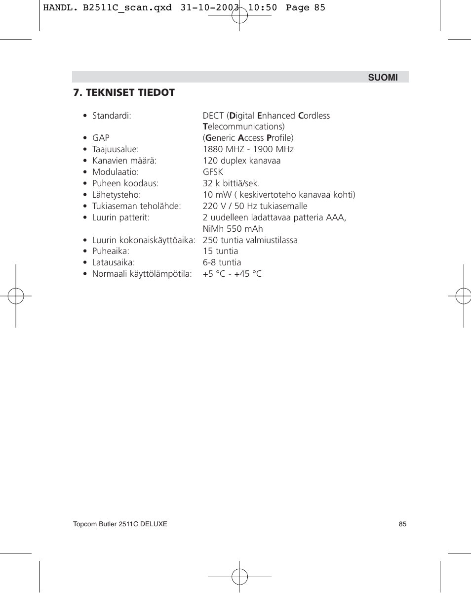 Topcom 2511C User Manual | Page 85 / 88