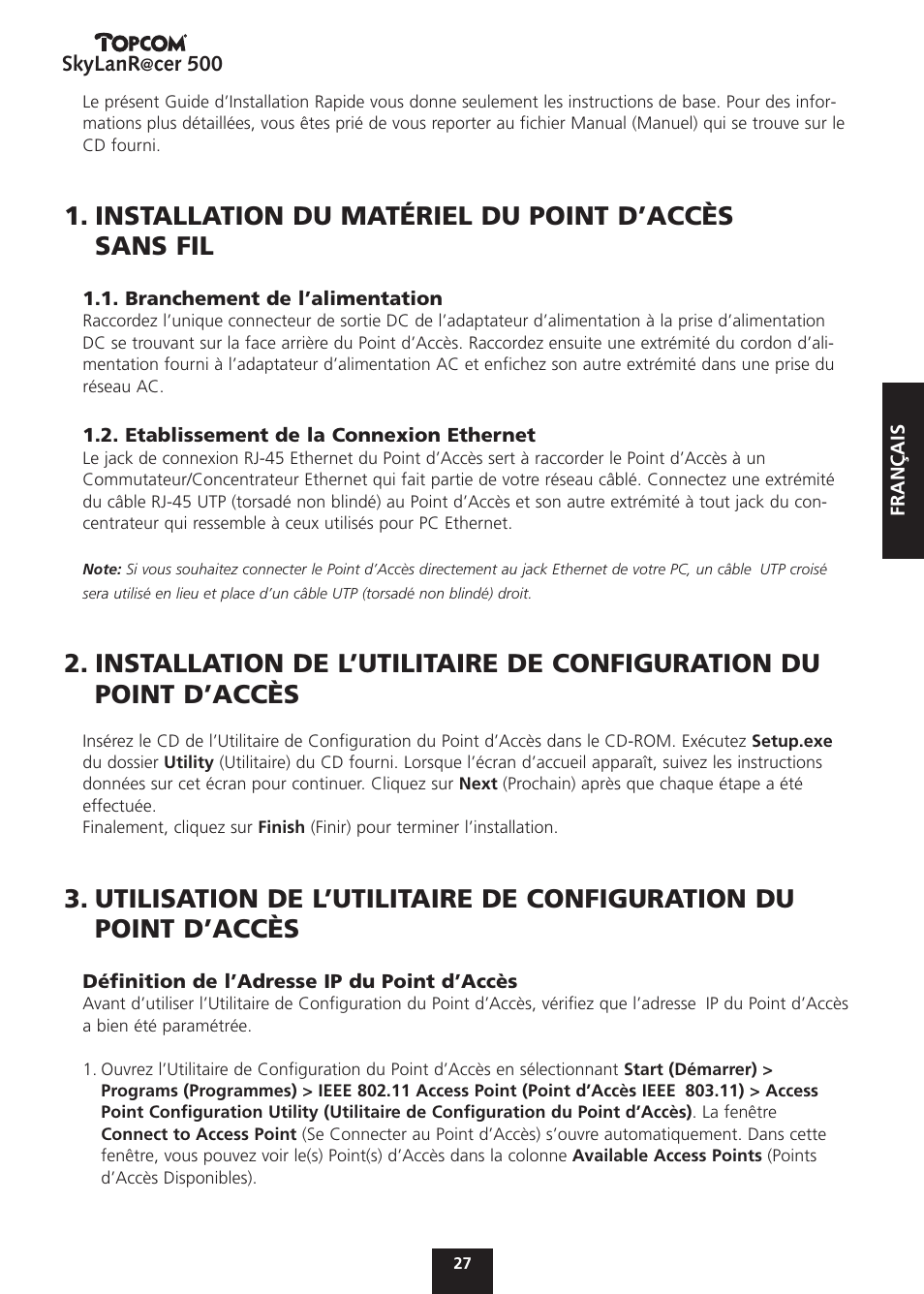 Installation du matériel du point d’accès sans fil | Topcom Skylanr@cer 500 User Manual | Page 27 / 83