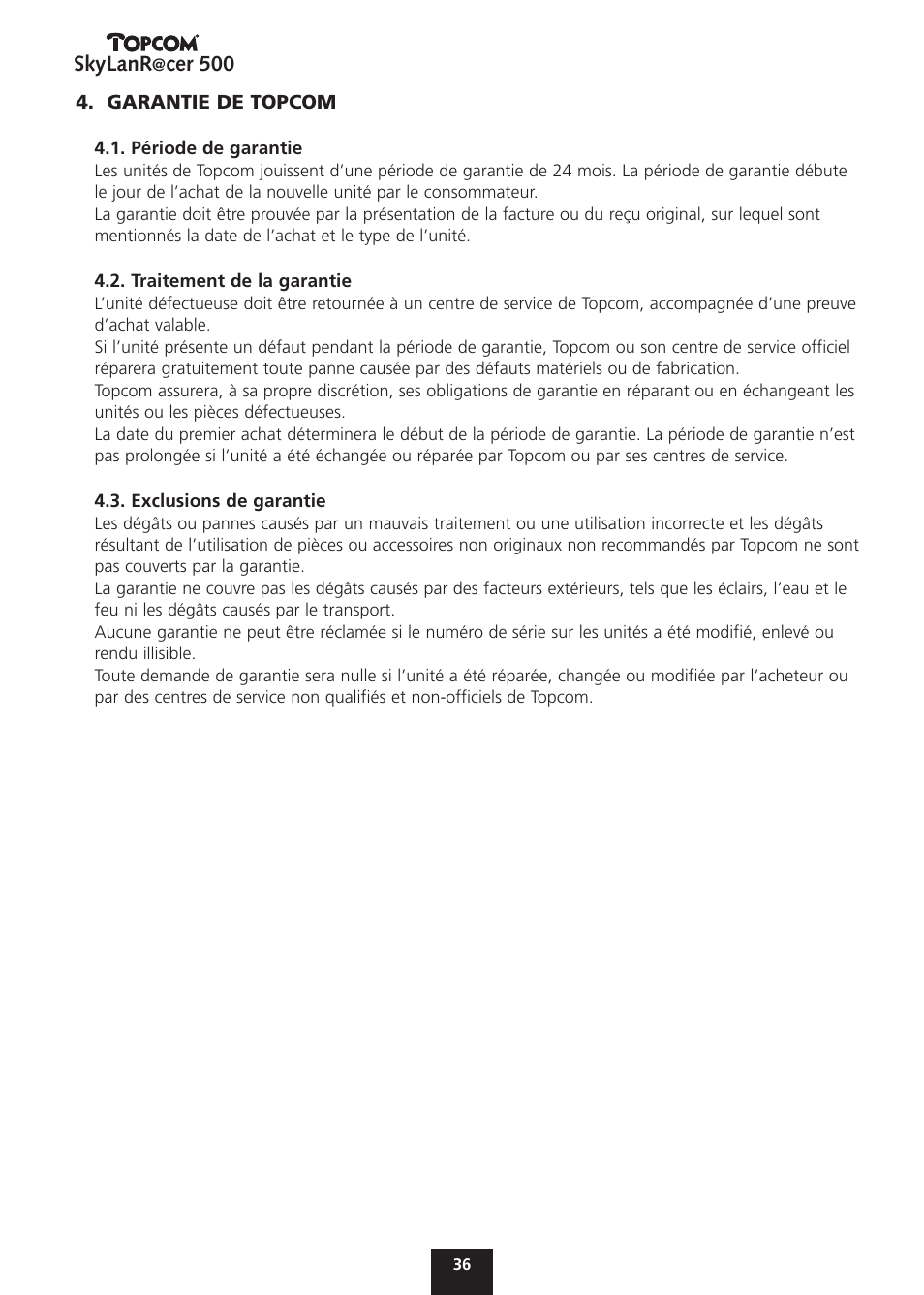 Skylanr, Cer 500 | Topcom Skylanr@cer 500 User Manual | Page 36 / 83