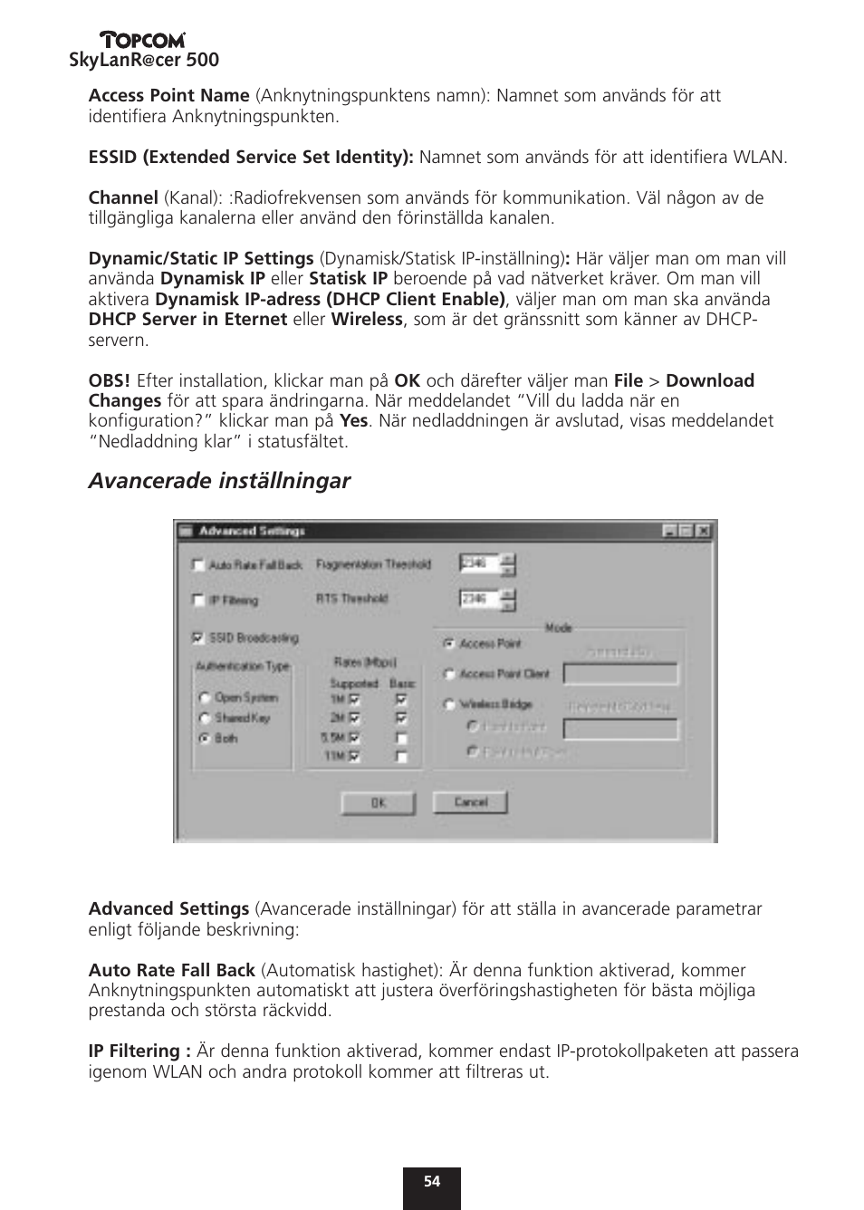 Avancerade inställningar | Topcom Skylanr@cer 500 User Manual | Page 54 / 83
