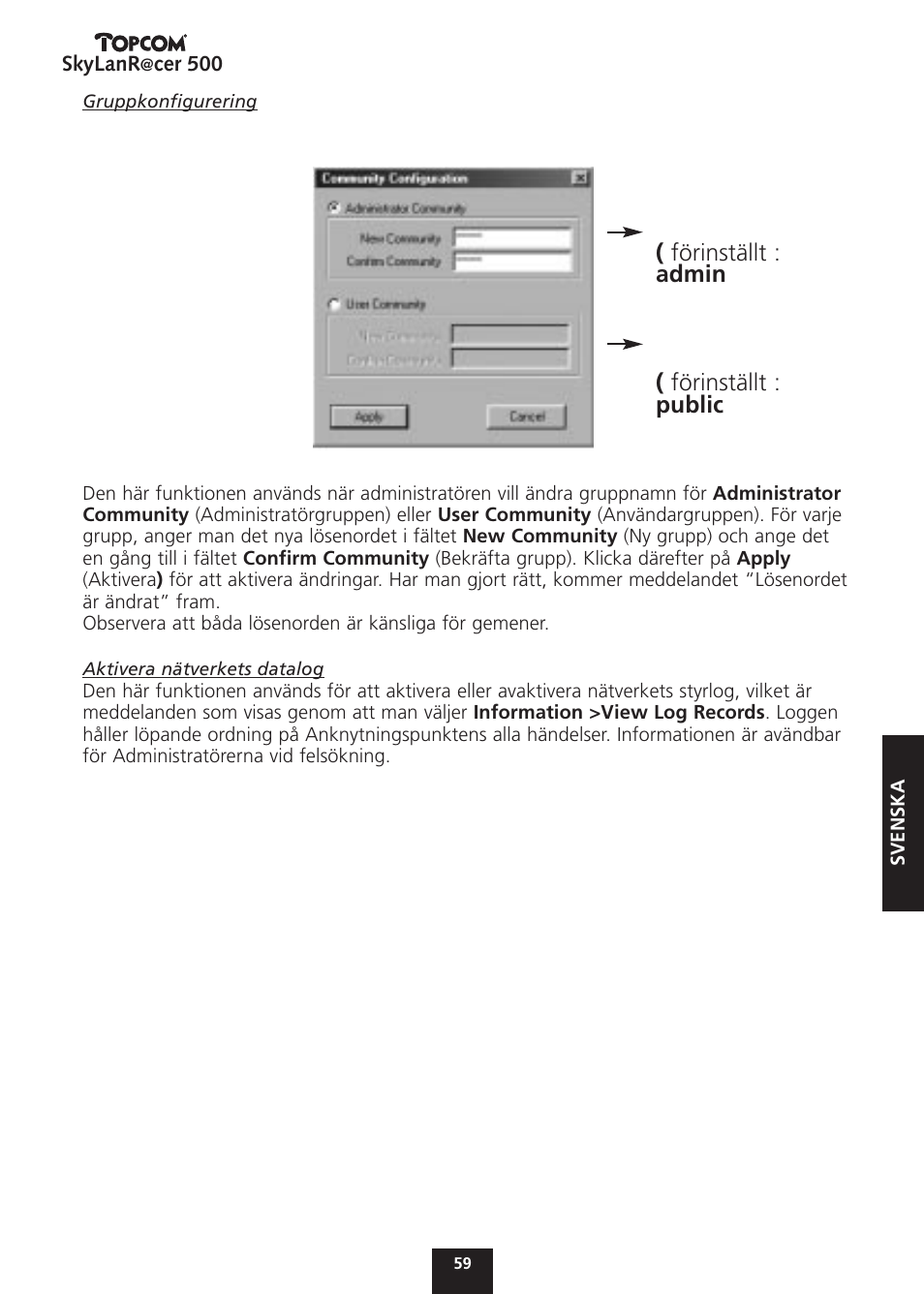 Förinställt : admin ( förinställt : public | Topcom Skylanr@cer 500 User Manual | Page 59 / 83