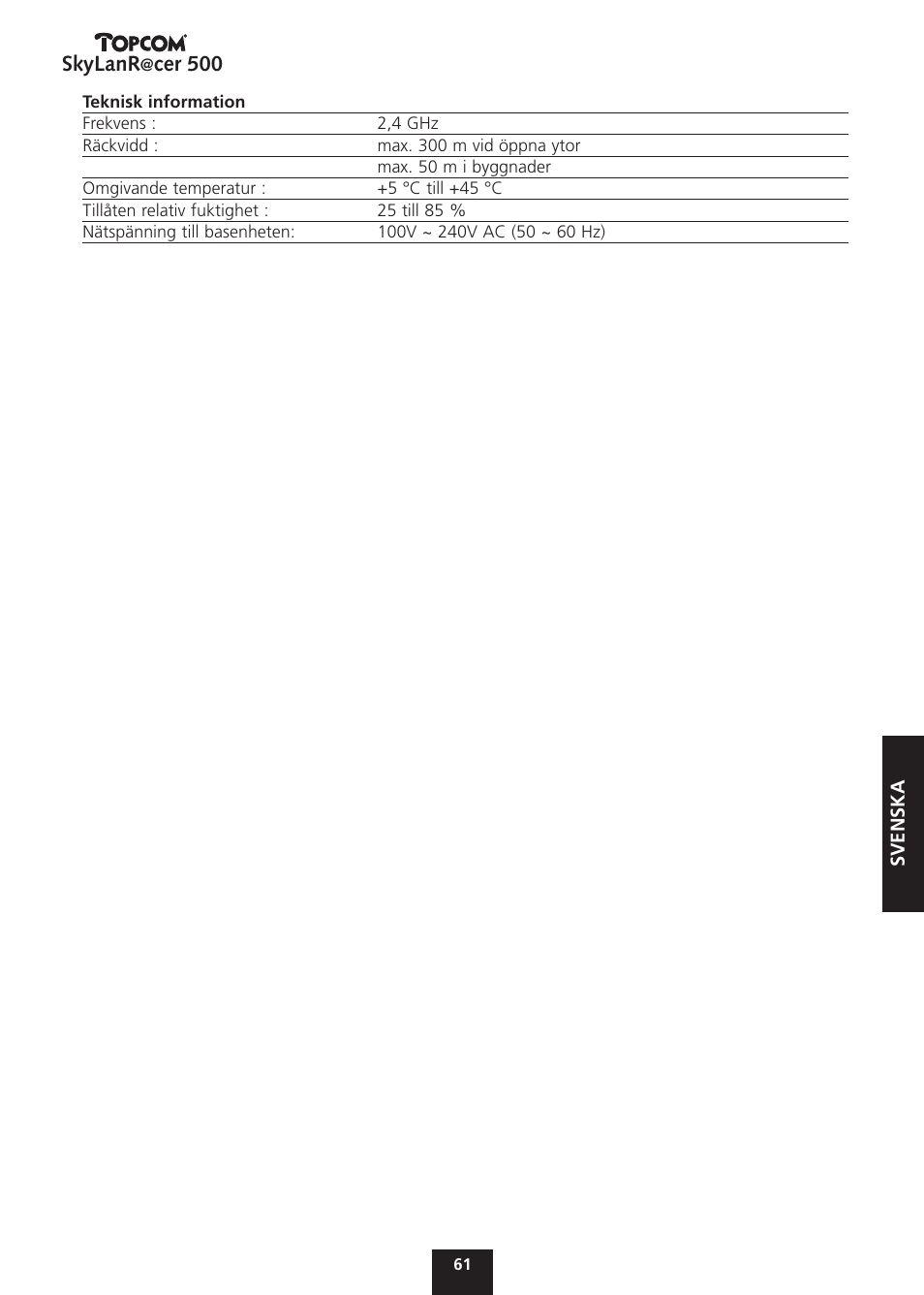 Skylanr, Cer 500 | Topcom Skylanr@cer 500 User Manual | Page 61 / 83