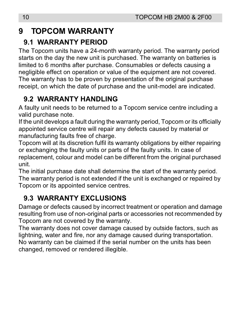 9topcom warranty | Topcom HB 2F00 User Manual | Page 10 / 136