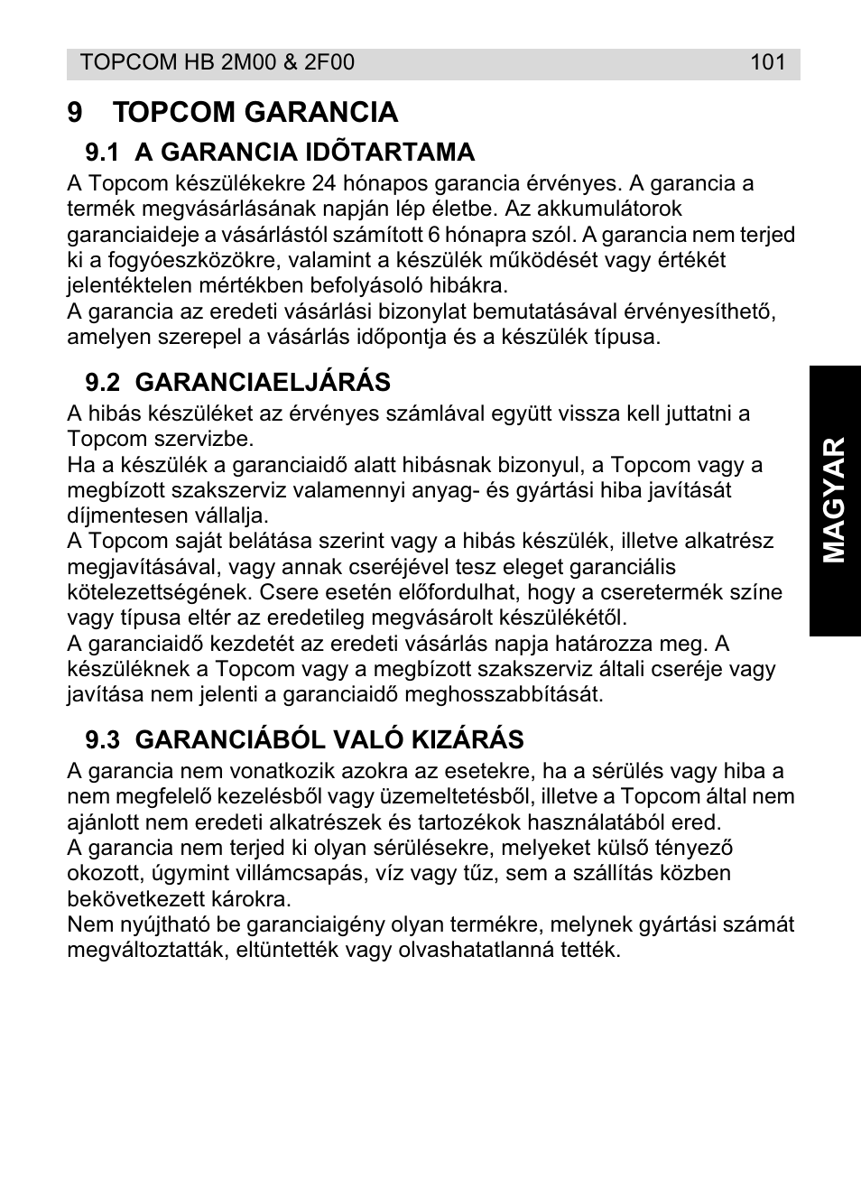 Magyar 9 topcom garancia | Topcom HB 2F00 User Manual | Page 101 / 136