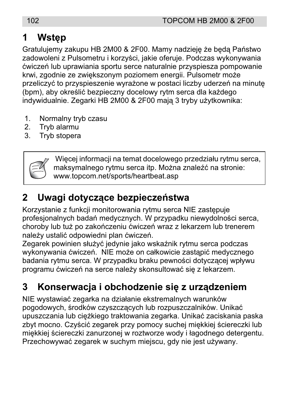 1wstċp, 2uwagi dotyczące bezpieczeĕstwa, 3konserwacja i obchodzenie siċ z urządzeniem | Topcom HB 2F00 User Manual | Page 102 / 136