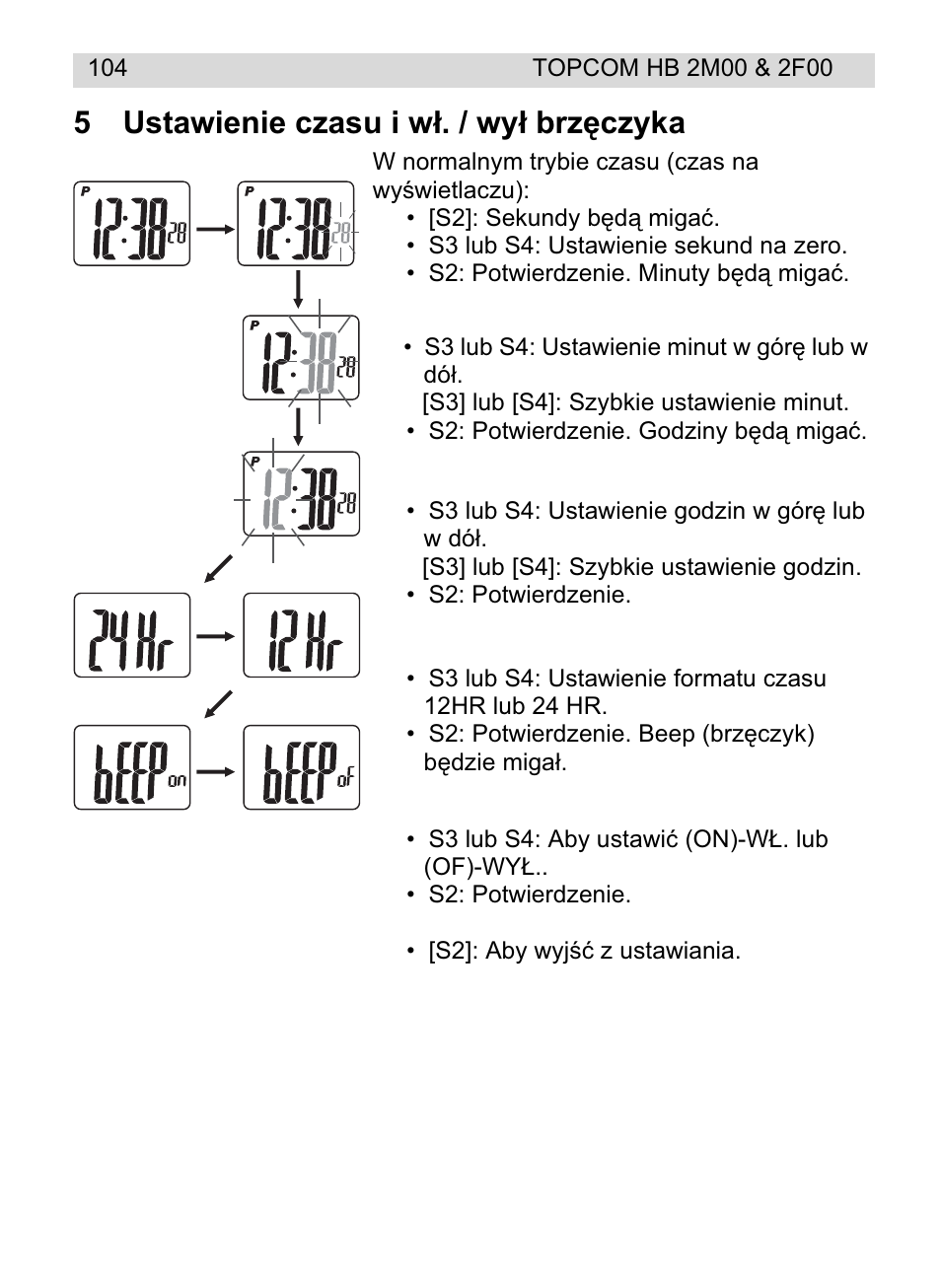 5ustawienie czasu i wá. / wyá brzċczyka | Topcom HB 2F00 User Manual | Page 104 / 136