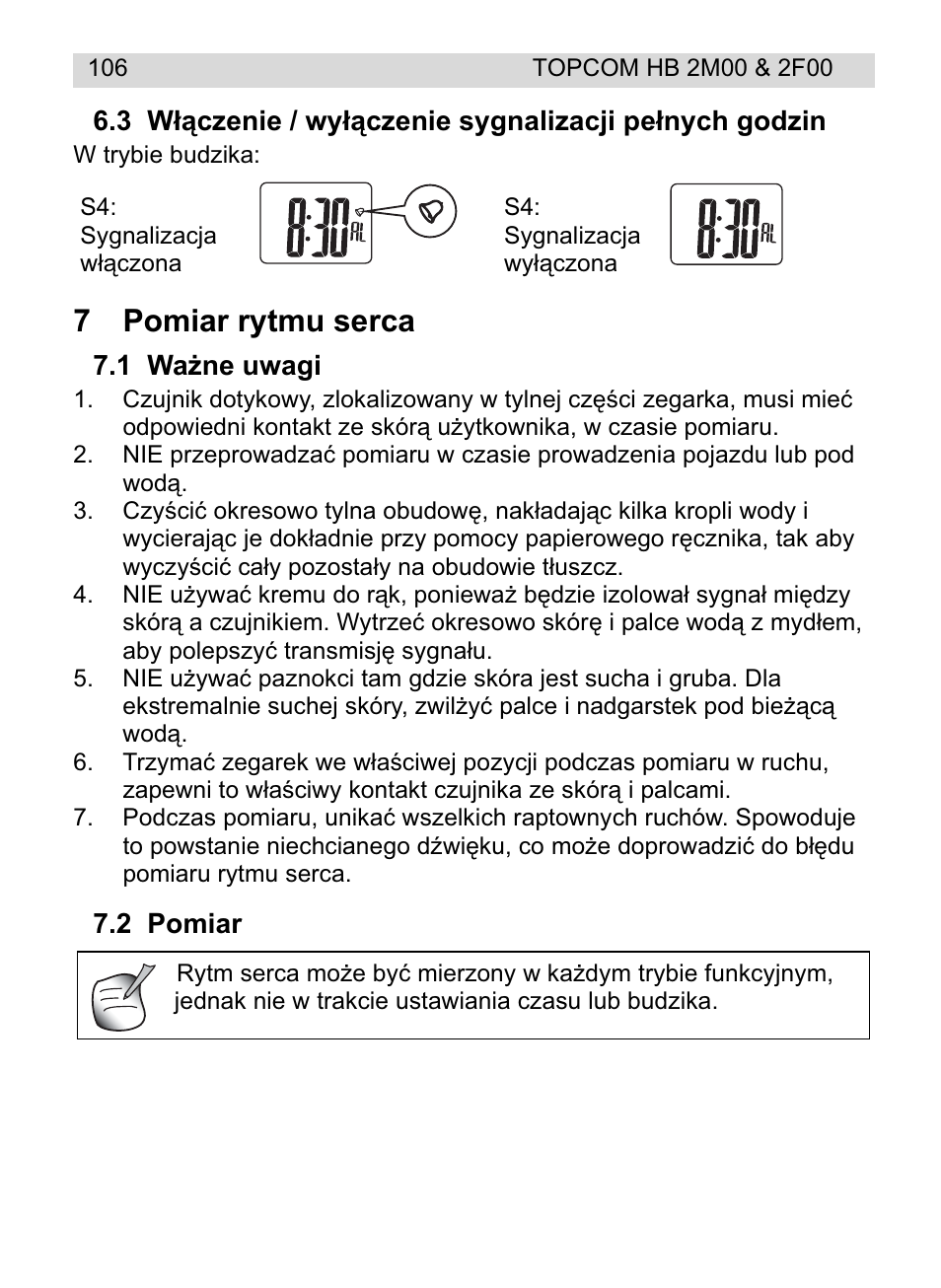 7pomiar rytmu serca | Topcom HB 2F00 User Manual | Page 106 / 136