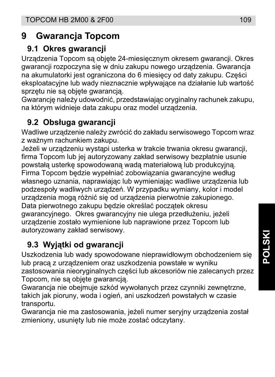 Polski 9 gwarancja topcom | Topcom HB 2F00 User Manual | Page 109 / 136