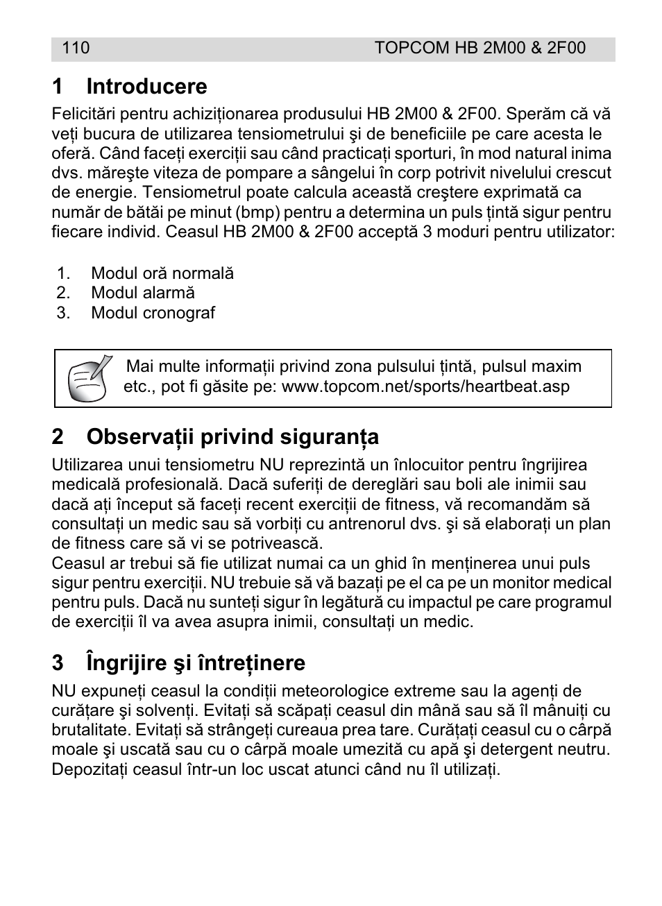 1introducere, 2observaġii privind siguranġa, 3îngrijire úi întreġinere | Topcom HB 2F00 User Manual | Page 110 / 136