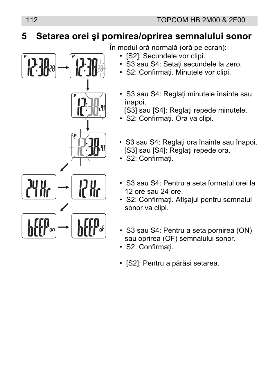 5setarea orei úi pornirea/oprirea semnalului sonor | Topcom HB 2F00 User Manual | Page 112 / 136