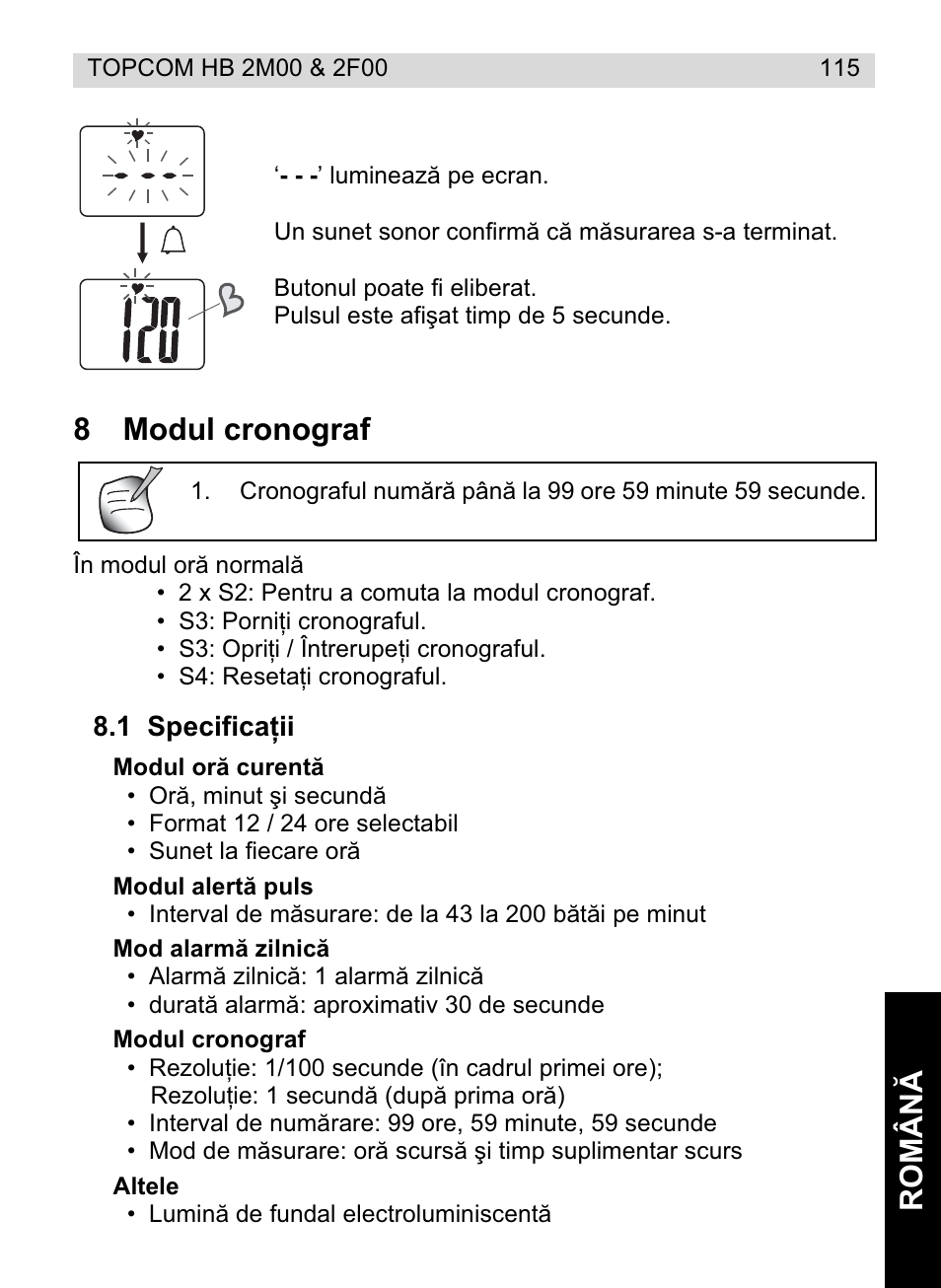 Ro mână, 8modul cronograf | Topcom HB 2F00 User Manual | Page 115 / 136