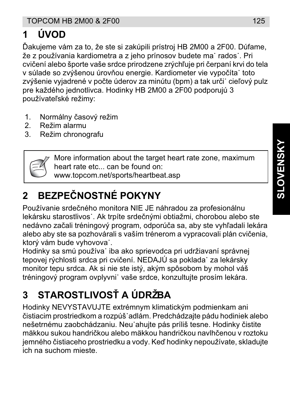 Slovensky 1 úvod, 2bezpeýnostné pokyny, 3starostlivosġ a údržba | Topcom HB 2F00 User Manual | Page 125 / 136