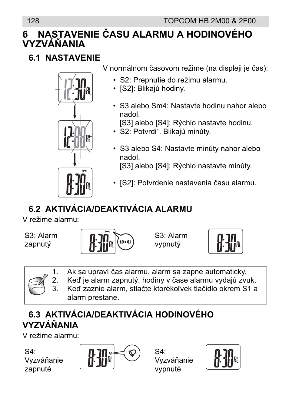 6nastavenie ýasu alarmu a hodinového vyzváĕania | Topcom HB 2F00 User Manual | Page 128 / 136