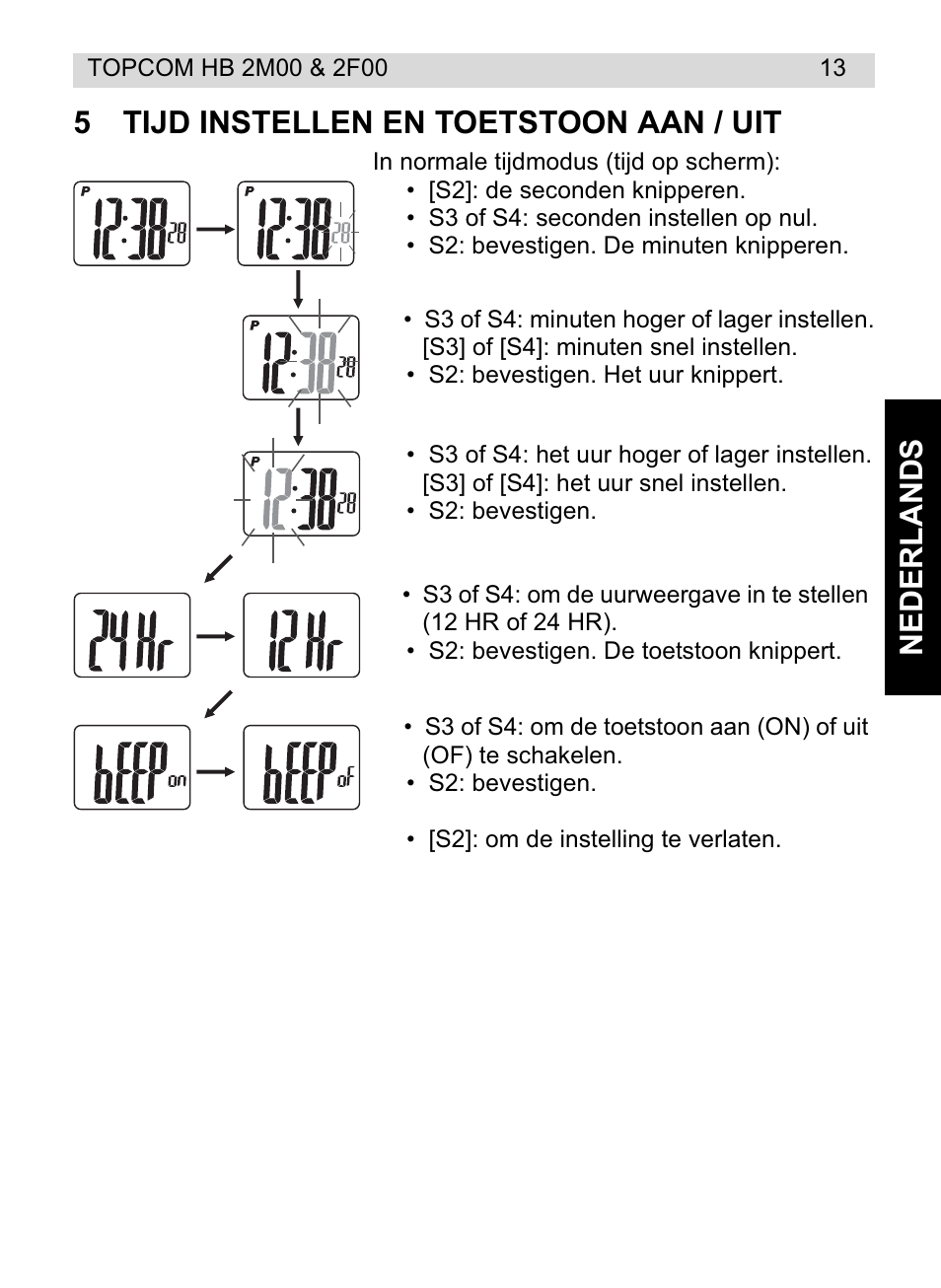Nederlands 5 tijd instellen en toetstoon aan / uit | Topcom HB 2F00 User Manual | Page 13 / 136