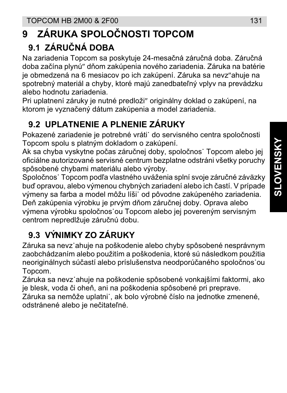 Slovensky 9 záruka spoloýnosti topcom | Topcom HB 2F00 User Manual | Page 131 / 136