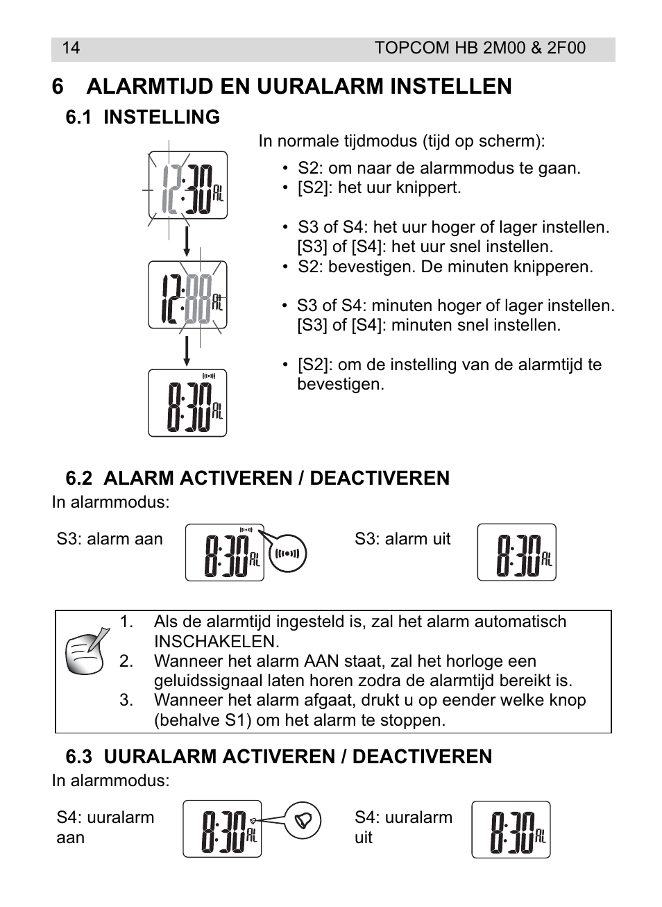 6alarmtijd en uuralarm instellen | Topcom HB 2F00 User Manual | Page 14 / 136