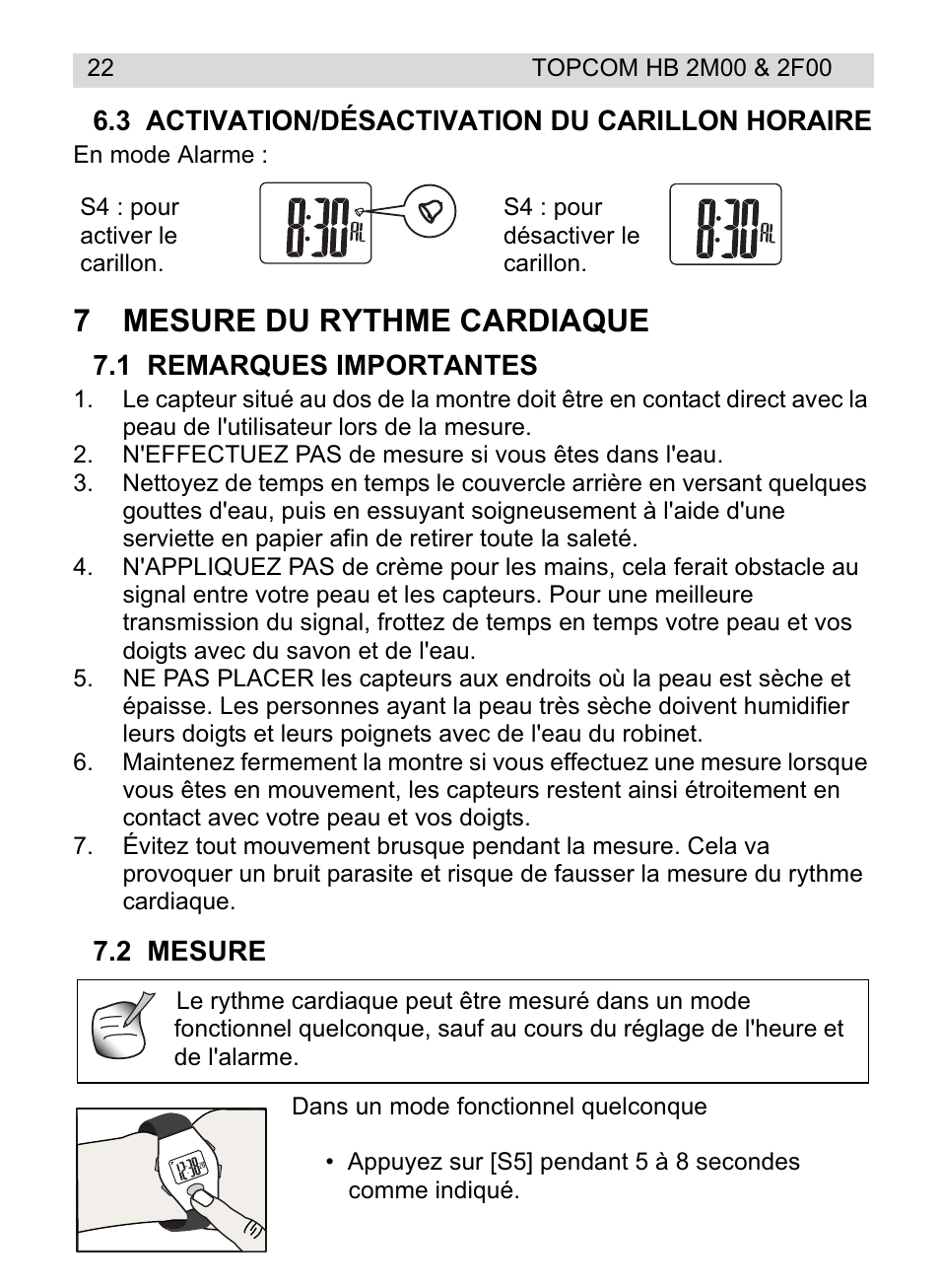 7mesure du rythme cardiaque | Topcom HB 2F00 User Manual | Page 22 / 136