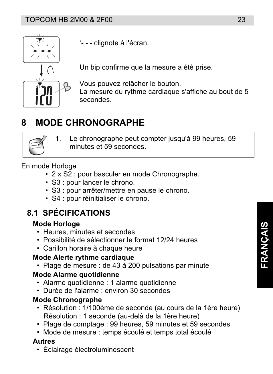 Fr ançais, 8mode chronographe | Topcom HB 2F00 User Manual | Page 23 / 136